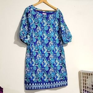 Lilly Pulitzer Blue Bulloon Sleeve A-Line 100% Silk Dress Sz 10